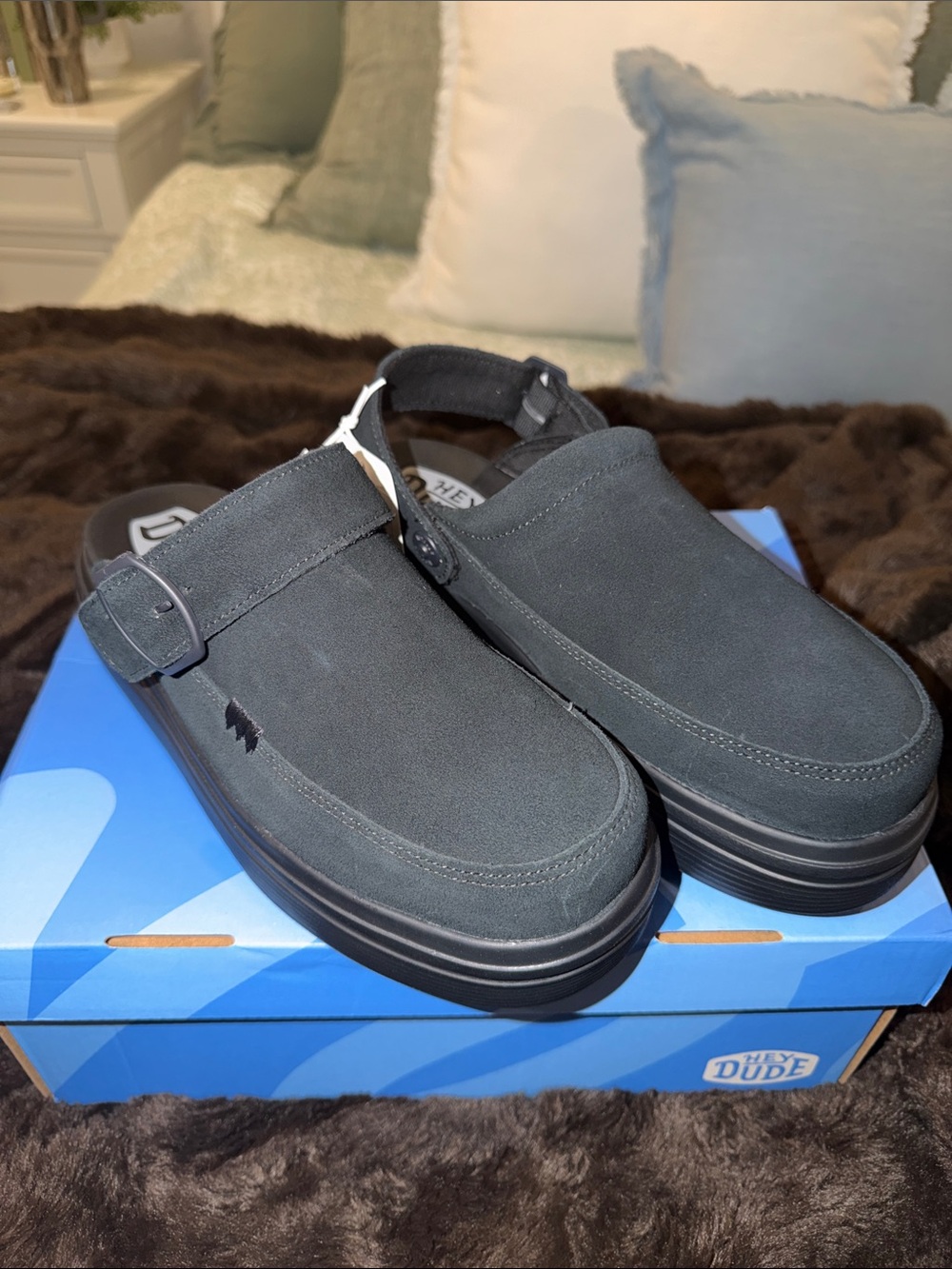 Hey Dude Men’s Charcoal Grey Suede Slip-On Loafers with Back Strap